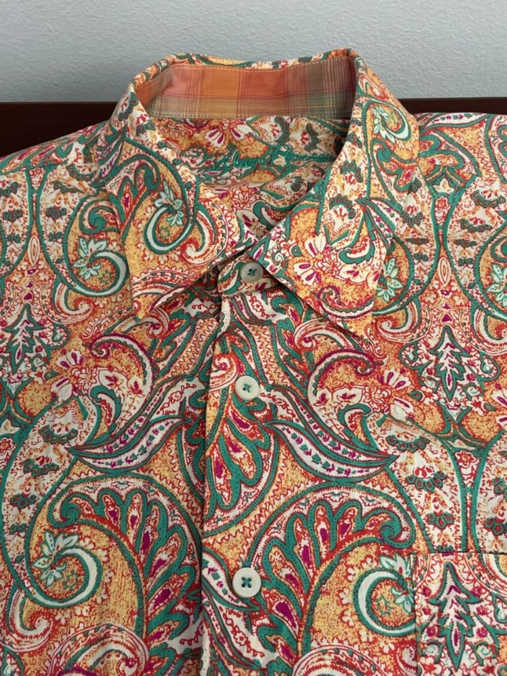 Alan Flusser Men's Casual Shirt - Orange & Green Paisley - Size XL - EUC